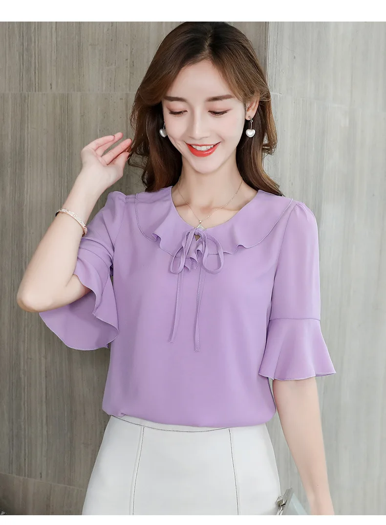 Летняя Корейская шифоновая рубашка, Женская Повседневная блуза с коротким рукавом и оборками, тонкая женская офисная рубашка, уличная мода, женские топы