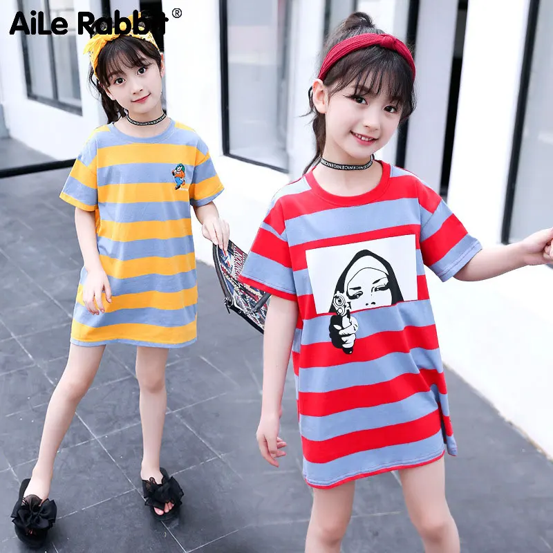 AiLe Rabbit/Новинка года, летнее хлопковое длинное платье-футболка для девочек Европейский стиль, модный детский полосатый принт для детей от 4 до 10 лет