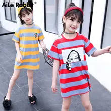 AiLe Rabbit/Новинка года, летнее хлопковое длинное платье-футболка для девочек Европейский стиль, модный детский полосатый принт для детей от 4 до 10 лет