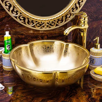 

Flower shape Chinese hand painted art porcelain basins sinks luxury sinks washbasin bowl golden ceramic wash basin bathroom sink