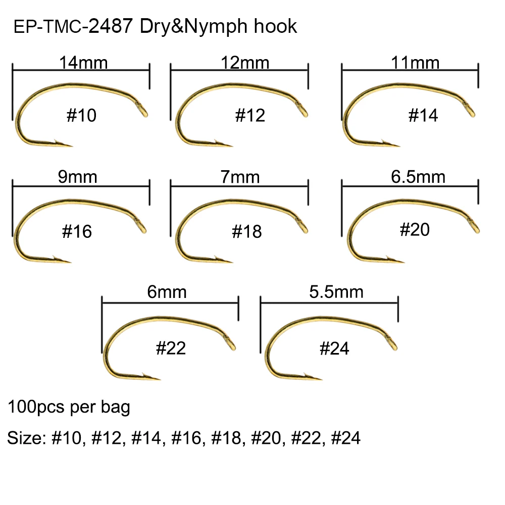 Eupheng 100 шт. EP-TMC2487 крючок для сухого Нахлыста Нимфа рыболовный крючок тонкая проволока 2X широкий Бронзовый рыболовный крючок