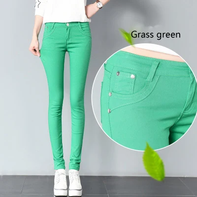 Женская Средняя талия плюс размер яркие джинсы узкие брюки тонкие повседневные женские Стрейчевые брюки синие джинсы pantalones mujer - Цвет: Grass green