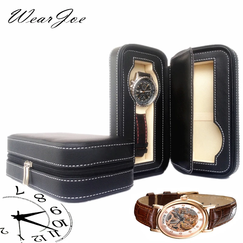 Portable PU Leather Double Wrist Watch Storage Handbag 2 Flocked Slot