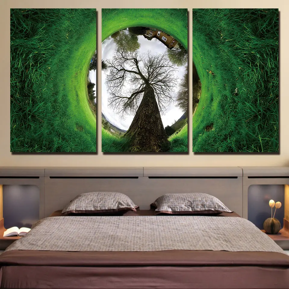 Abstract 3 Piece Green Grass with Big Trees HD Printed Canvas Art