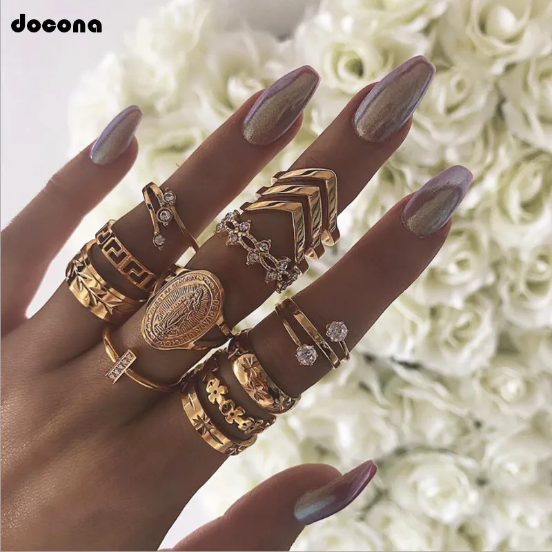 

docona Bohemian Virgin Mary Geometric Flowers Leaf Gold Rings set for Women Geometric Knuckle Midi Ring Party Jewelry A20204