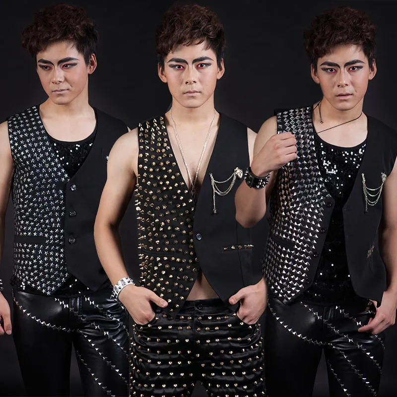 

Jazz Hip Hop Performance Costume Bar Male Ds Sequin Vest Jacket Stage Dress Gown Nightclub Men Singer Performer Clothes DNV10066