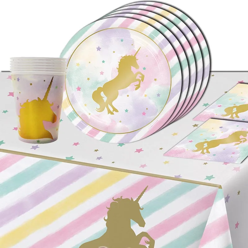 

Happy Birthday Unicorn Party Paper Cups Plate Magical Unicorn Kit Tablecover Birthday Party Decoration Adult Party Supplies