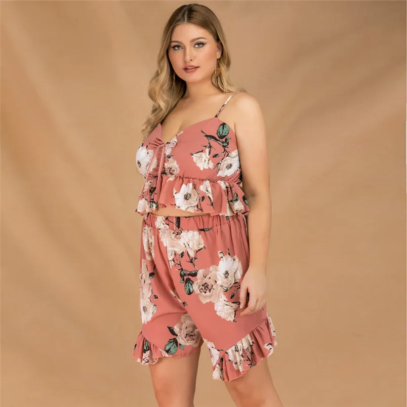Two Pieces Womens Fashion Print Plus Size Sleeveless V-Neck Top Camis Short Loose Short Pants Suit Conjuntos De Mujer 40JU06 (8)