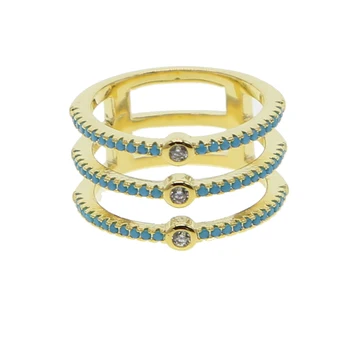 

three line cz eternity band gold color pave blue turquoises stone fashion women full finger ring