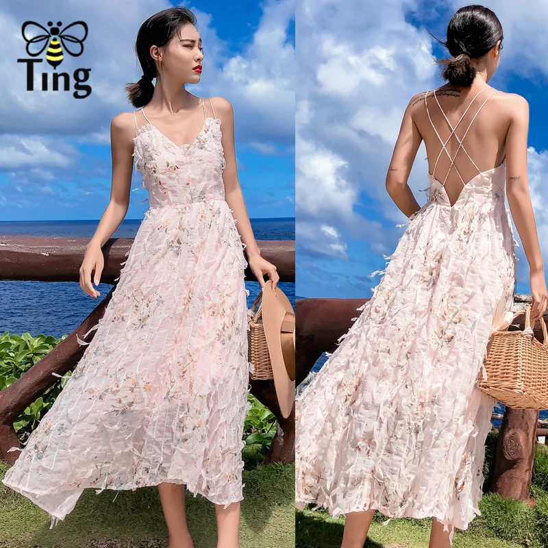 Tingfly дизайнерское платье с перекрестными лямками и открытой спиной, с v-образным вырезом, розовое платье для вечеринок, женское элегантное платье миди с цветочным принтом, длинное платье без рукавов, Vestidos
