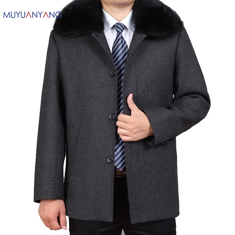 

Mu Yuan Yang Men's Cashmere Coat Winter Overcoat Casual Woolen Jacket Turn-down Collar Rabbit fur Collar Classical Wool Coat