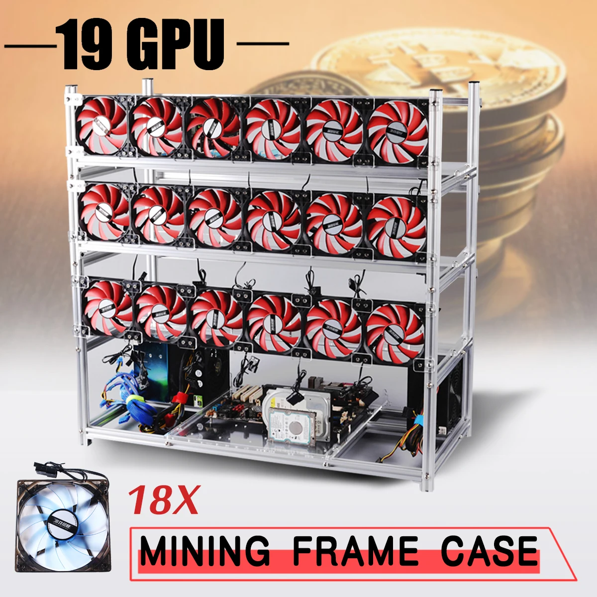 

Open Air Frame Miner 19 GPU Mining Rig Frame+18 Fan For ETH Bitcoin Black/ Silver