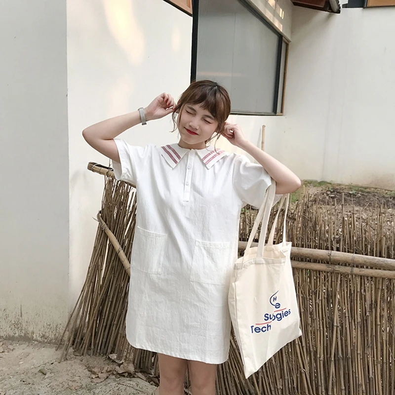 Summer Pink Women Dress Female Sailor Collar Solid Girls Summer Dresses Straight Short Sleeve Knee-Length Women One-piece Dress