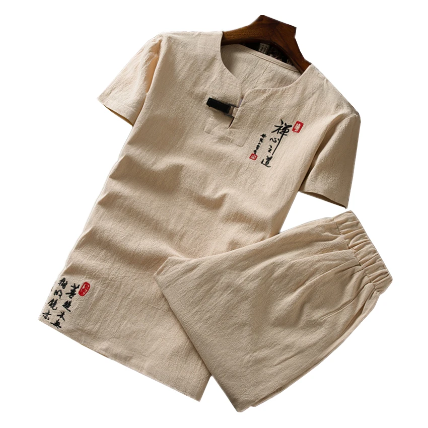  Summer Pure Color Chinese Style Retro Embroidery Men's Short-sleeved Suit 2 Pieces Sets Large Size 