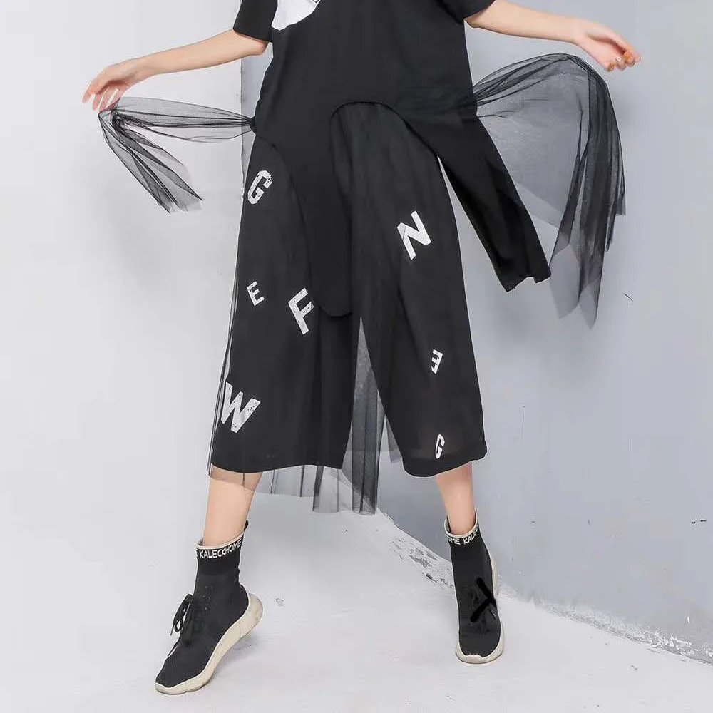 

2019 New Spring Summer High Elastic Waist Mesh Letter Printed Loose Wide Leg Pants Women Trousers Fashion Tide