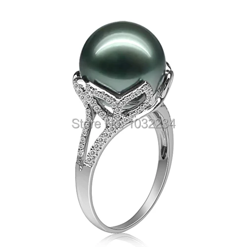 12mm Natural Tahitian Pearl Engagement Ring Gold Plated Anillo Plata 925 Perla Negra Luxurious Female Black