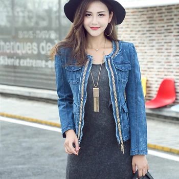 

New 2017 Ladies Denim Jackets Outwear Classical Chains Jackets Women Fashion Jeans Coats Slim Female Jackets