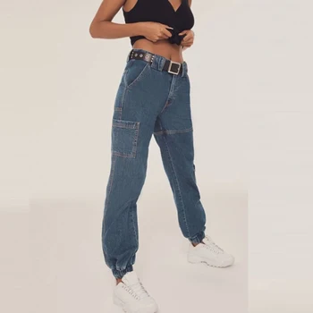 

Casual harem jeans loose fit Jeans Women elastic stretch middle Waist Blue Denim Pants Zipper bleached washed fashion Jeans