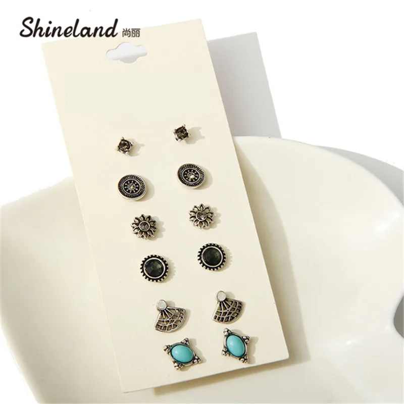 

Hot-selling Cute Earring Sets Super Value 6 Pairs Set Round Square Ball Alloy Crystal Stud Earrings For Women Best Friend Gifts