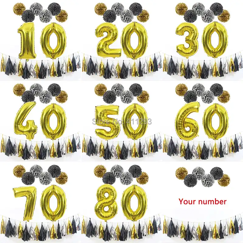 10 20 30 40 50 60 70 80 лет Юбилей вечерние Аксессуары бумаги кисточкой помпонами взрослых золото день рождения digitl фольгированные шары