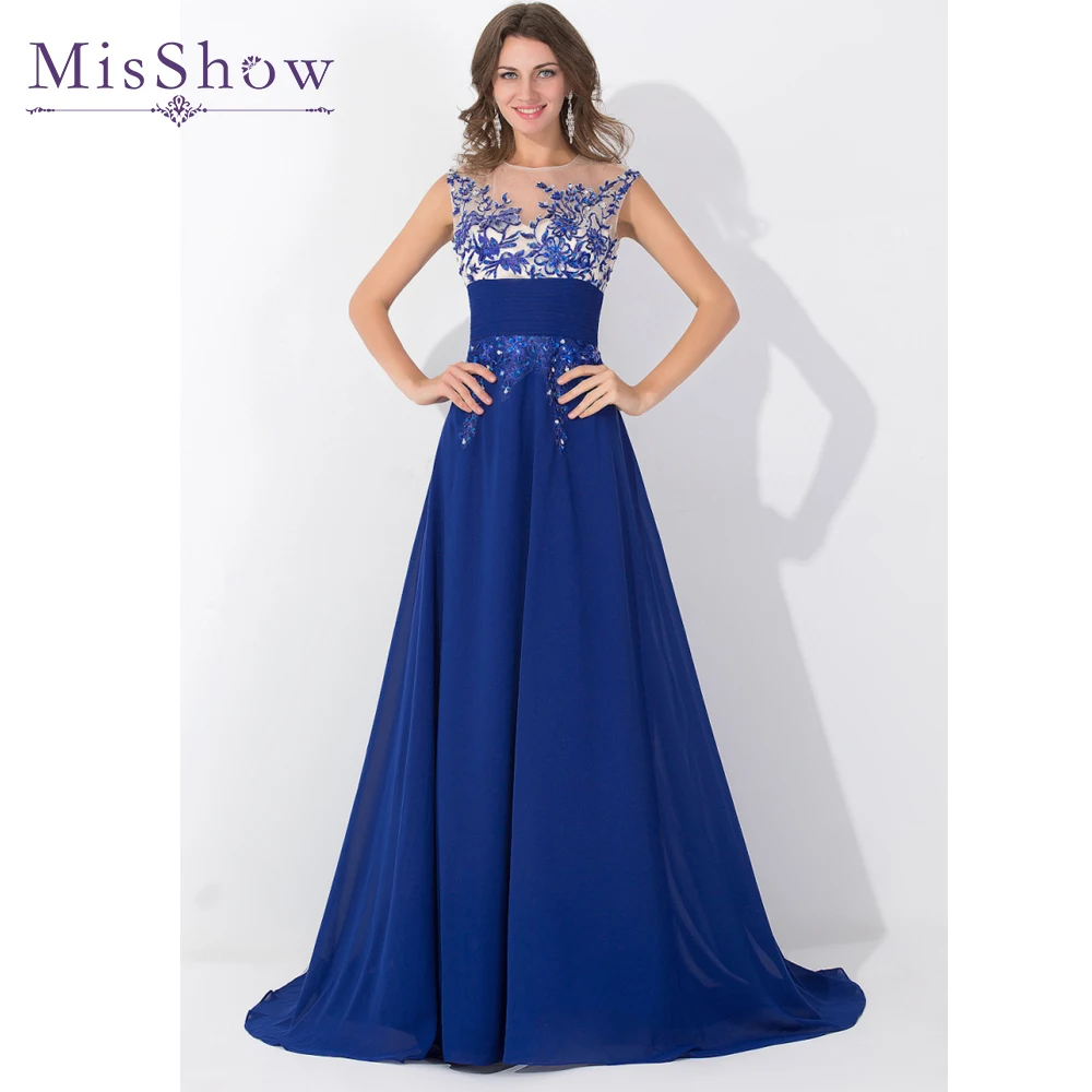 

Real Picture 2019 Evening Dresses Sleeveless Appliques Chiffon Long Prom Party Evening Gowns Royal Blue Special Occasion Dress