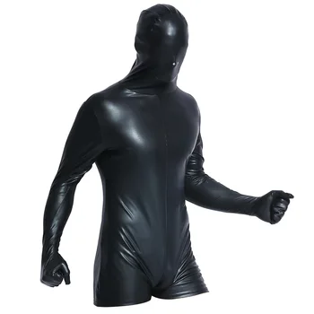 

New Adult Mens Faux Leather Black Bright Full Skin Zentai Cosplay Costume Halloween Suit Bodysuit Unitard Leotard