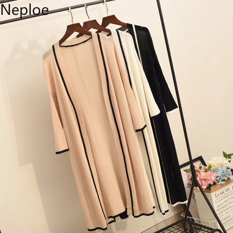 

Neploe 2019 New Three quarter Sleeve Casual Thin Coat Women Summer Cardigans Loose Long Knit Cardigan Sun Protection Tops 53362