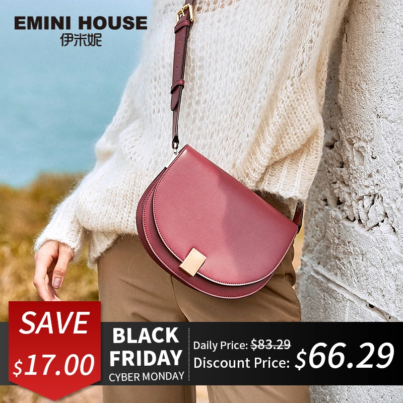 

EMINI HOUSE Split Leather Saddle Shoulder Bag Female Flap Solid Color Crossbody Bags For Women famous brand woman bags 2018