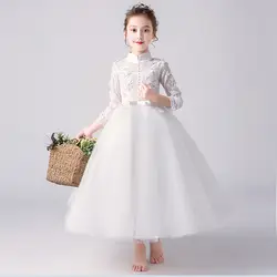 Модные кружевные платья с цветочным узором для девочек 2019 г., мягкие фатиновые вечерние платья с круглым вырезом для детей бальное платье