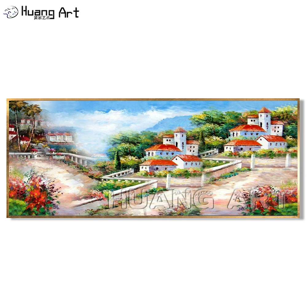 

Hand-Painted Buliding and Mountain Landsacpe For Living Room Decor Oil Painting On Canvas Mediterranean Scenery Wall Painting