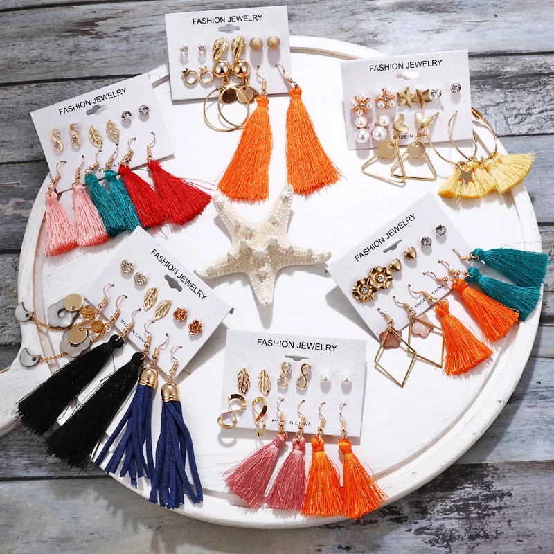 

ZOSHI Fashion Long Tassel Stud Earrings Set For Women Girl 2019 Bohemian Geometric Earring Christmas Brincos Female Jewelry