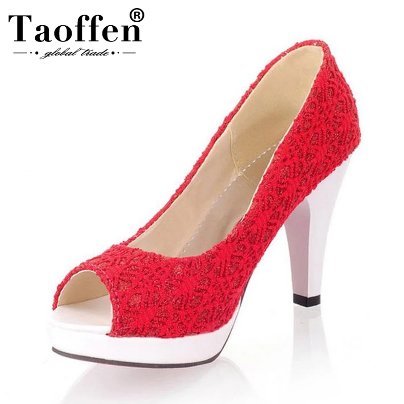 

TAOFFEN Ladies Stiletto High Heels Peep Toe Shoes Shoes Women Wedding Lace Sexy Casual Slip-On Platform Pumps Size 31-43 PA00382