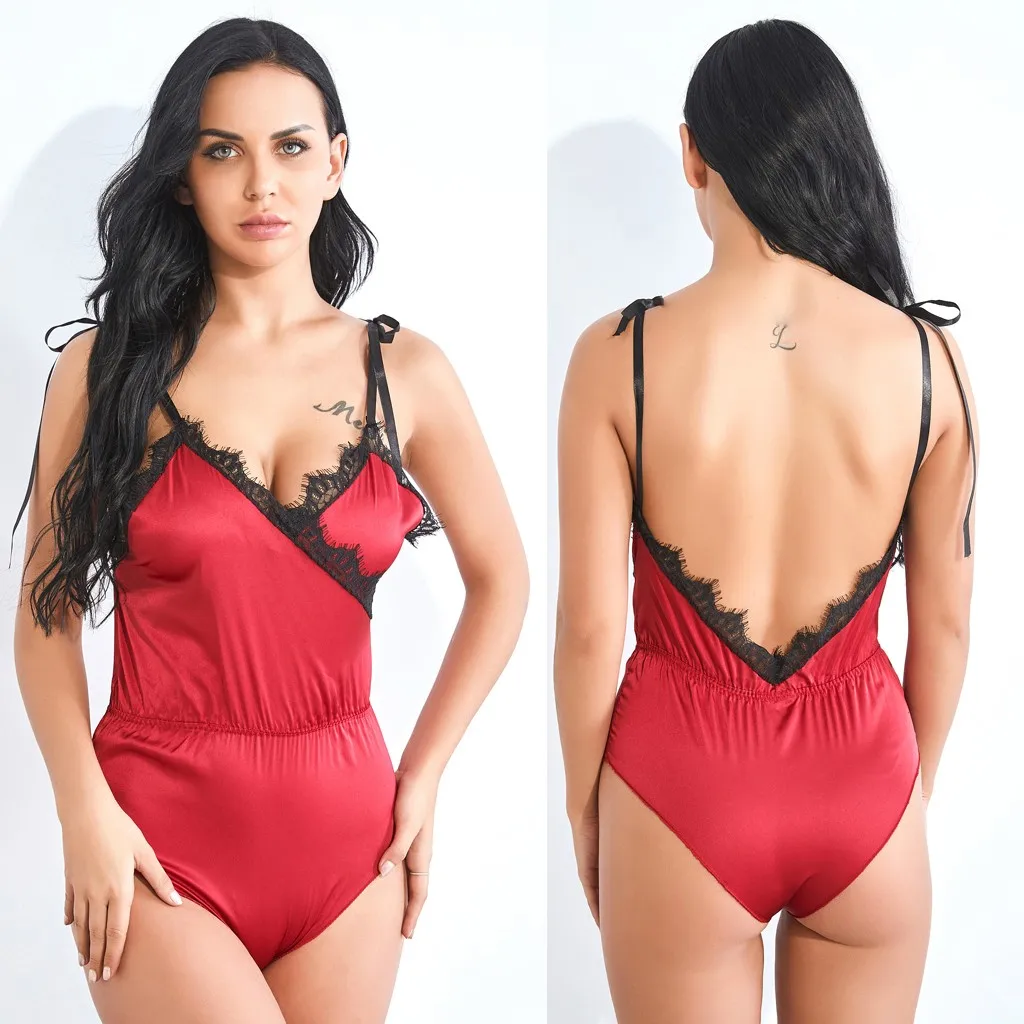 

New Women Satin Lace Silk Sleepwear Pajamas Bodysuit Jumpsuit Female Open back Lingerie Backless sexy jumpsuit mono corto mujer