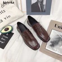 Kjstyrka/ г.; брендовая повседневная женская обувь на плоской подошве без шнуровки; модные удобные кожаные полуботинки с квадратным носком на резиновой подошве; оксфорды; sapato feminino
