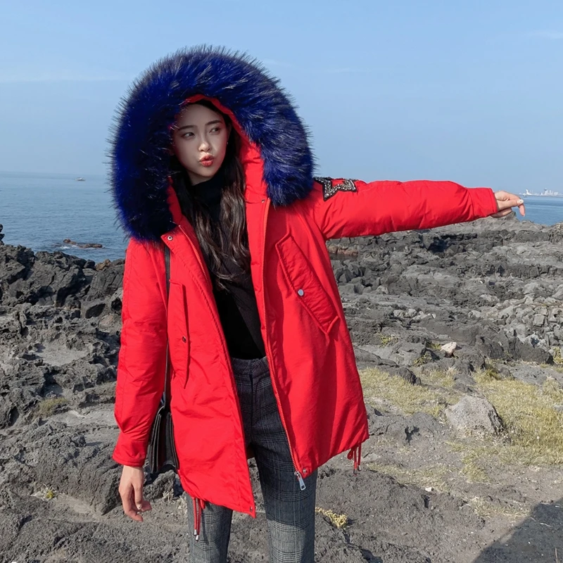 

2019 Red Causal Ladies Cotton Padded Jacket Long Winter Wadded Jacket Women Big Fur Hooded Coats Female Parkas With Hot drilling