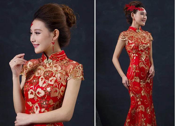 Для женщин Китайский Cheongsam Летние Длинные рыбий хвост Кружево китайское традиционное платье свадебное красное платье Чонсам длинное