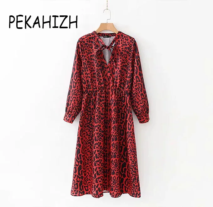 

Spring new vintage waist dress temperament bottoming dress red leopard kenn-length dress female