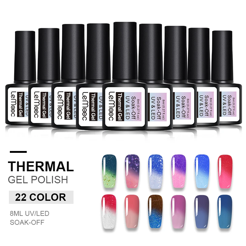 

LEMOOC 8ml Thermal Shimmer Glitter Nail Gel Polish Temperature Color Changing Gel Soak Off UV Led Nail Art Lacquer 22 Colors