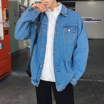 

2018 Korean Autumn Newest Men's Fashion Cowboy Pockets Decoration High Quality Loose Casual Solid Color Denim Jacket Coat S-2XL