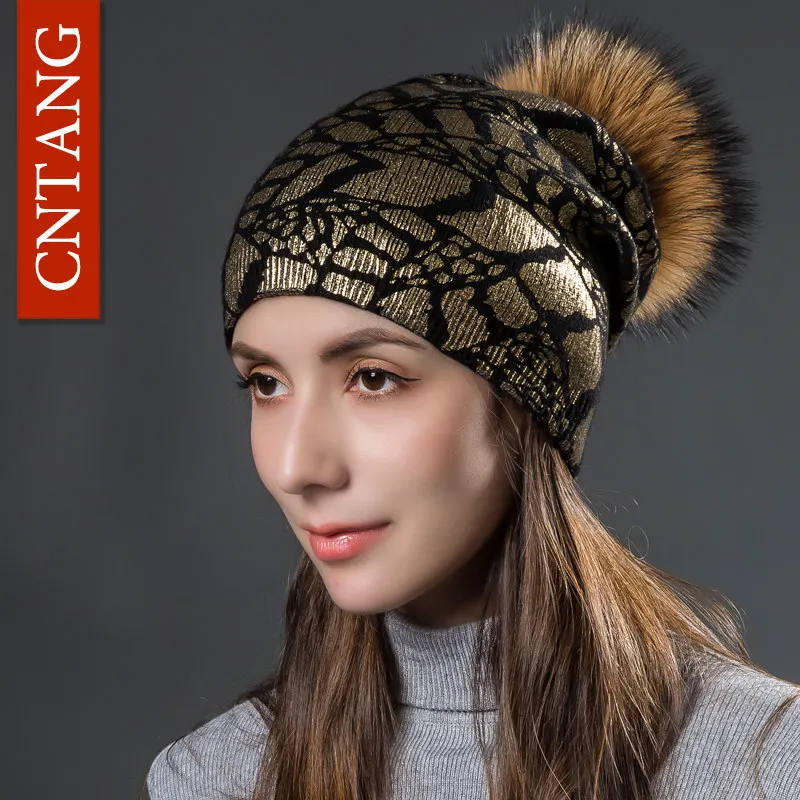 CNTANG, женские модные бронзовые вязаные шерстяные шапки, зимние двухслойные теплые шапки бини с помпоном, шапка из натурального меха для женщин - Цвет: Black