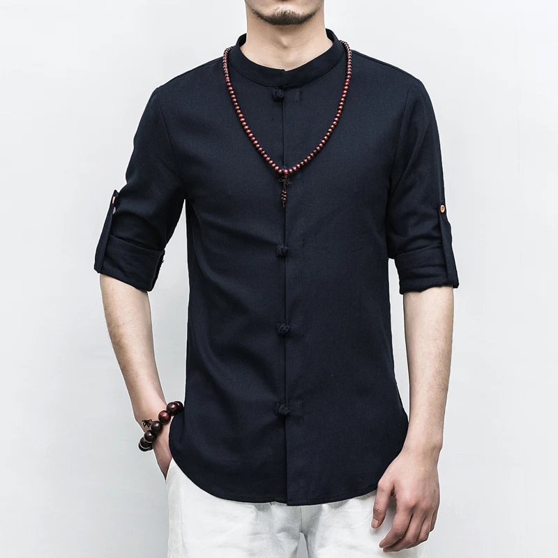 Весна, большие размеры, мужские рубашки с длинным рукавом, модные льняные рубашки в китайском стиле, мужские рубашки с пряжкой, высокое качество, кунг-фу, топы 5XL - Цвет: black