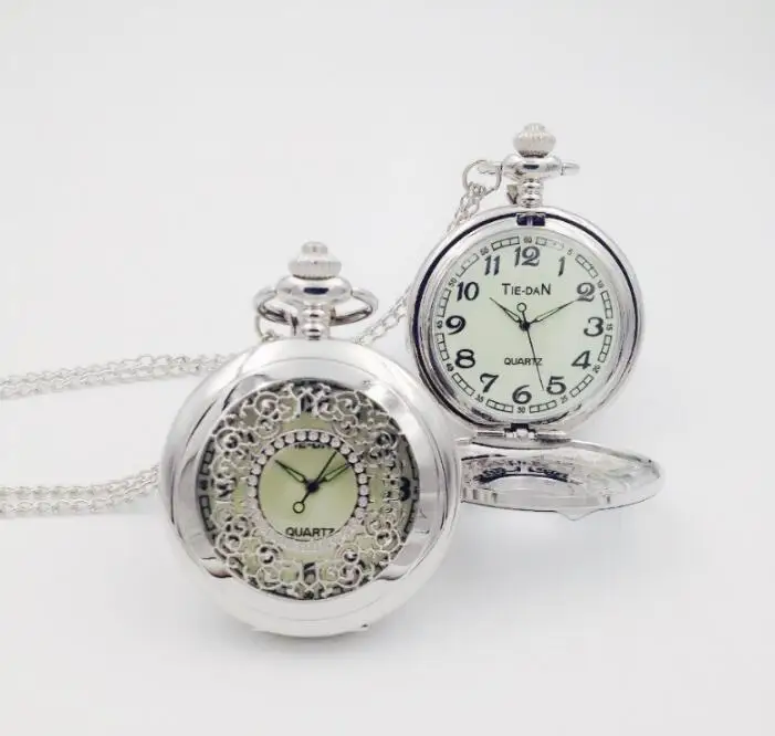 Fashion Silver Stainless Steel Chain Luminous Pocket Watch Necklace