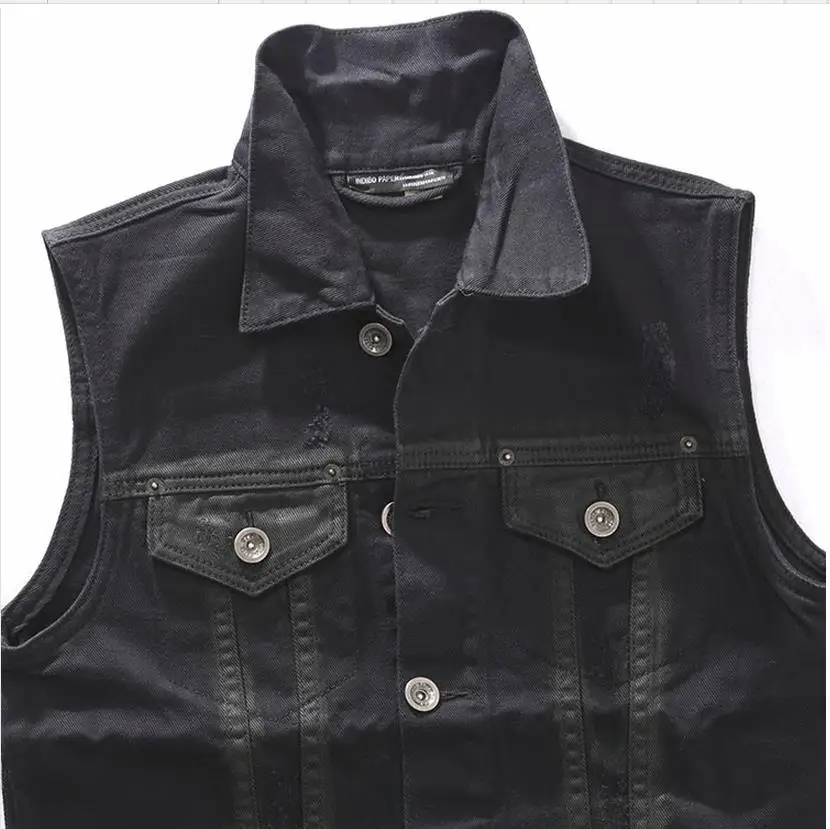 Men's Motorcycle Vest Personality Fashion Skull Print Sleeveless Coat Punk Rock Cowboy Hip Hop Biker Denim Vests Black S-2XL