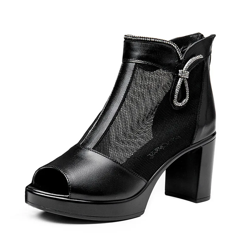 

Women Mother Ladies Female Genuine Leather Mesh Shoes Sandals High Heel Ankle Zipper Summer Bling Size 35-40 MLD-801