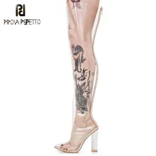 Prova Perfetto/Новинка; пикантные прозрачные непромокаемые сапоги из ПВХ с острым носком; прозрачные сапоги выше колена на высоком каблуке; женская обувь; размер 48