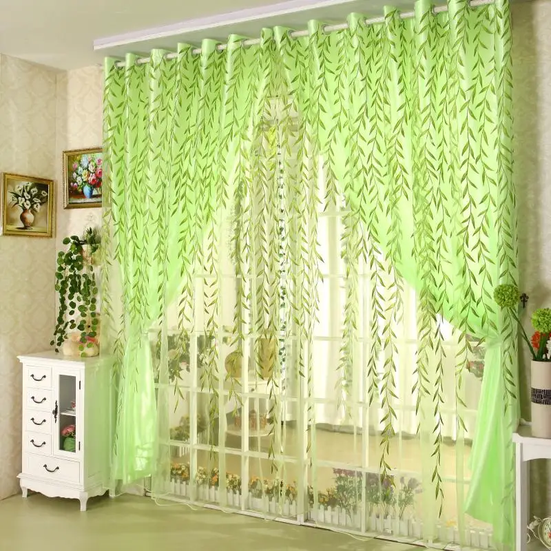 نافذة الستائر الرعوية مجموعة لغرفة المعيشة المطبوعة الأخضر الصفصاف الستائر لغرفة النوم (1 قطعة الستار و 1 قطعة تول)
