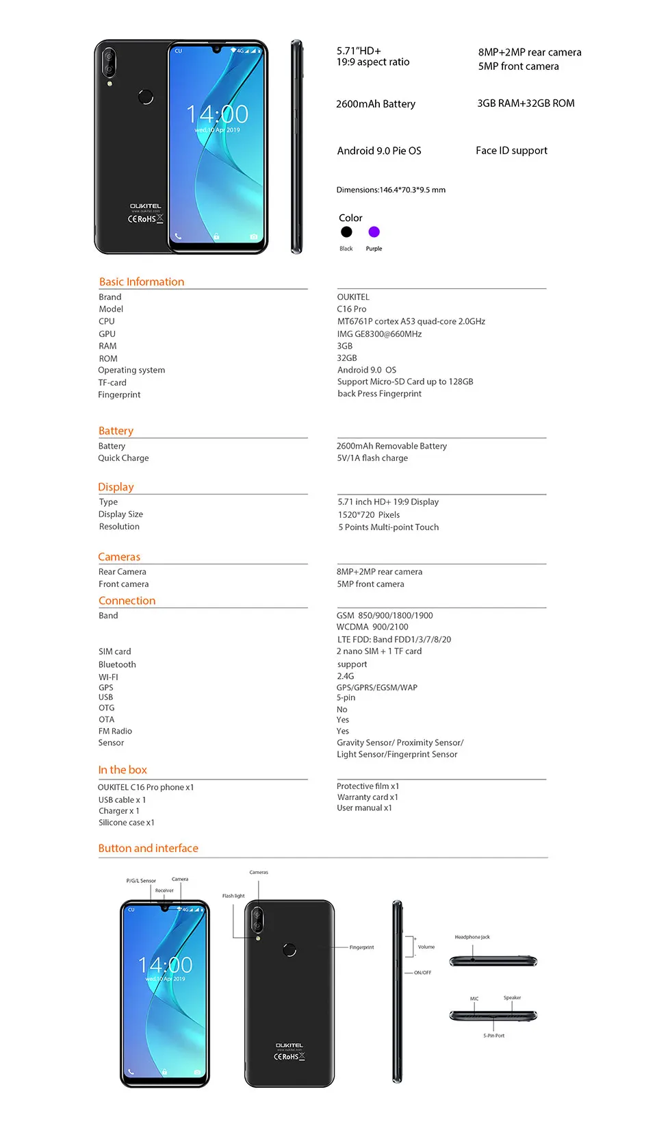 Смартфон OUKITEL C16 Pro, 3 ГБ, 32 ГБ, четырехъядерный процессор MTK6761P, 5,71 дюймов, экран в виде капли воды, 19:9, отпечаток пальца, LTE, 2600 мА/ч, для распознавания лица, мобильный телефон