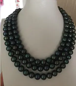

elegant 9-10mm round tahitian black green pearl necklace 18"20"