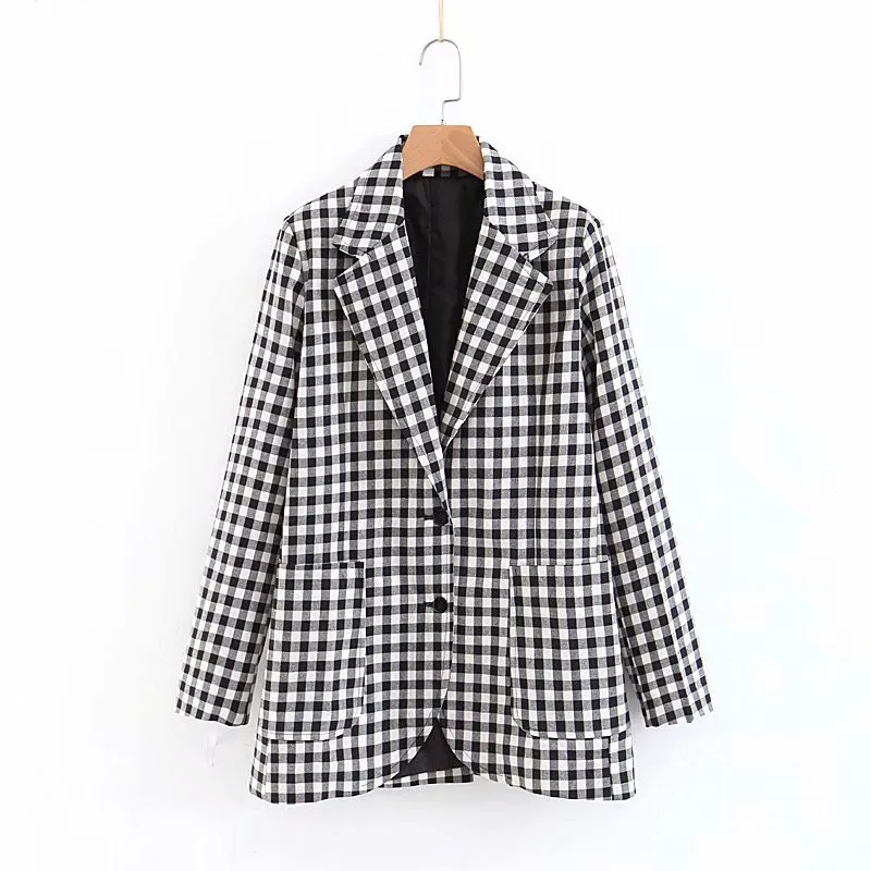 Women Black and White Plaid Suits Blazer Office Work Wear Checked Coat ...