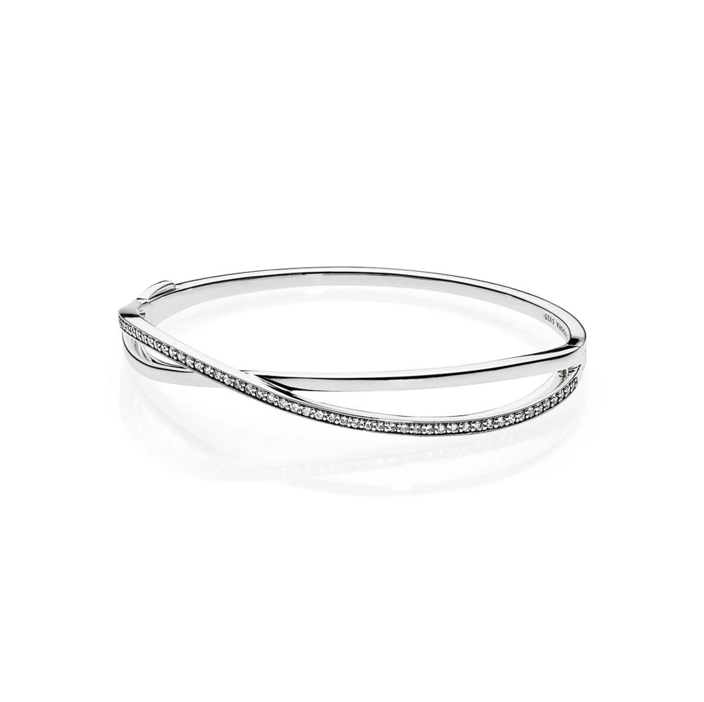 

Panqiou 2018 New 100% 925 Sterling Silver ENTWINED BANGLE Clear Zirconl Bangle Bracelet Charms For Women DIY Jewelry
